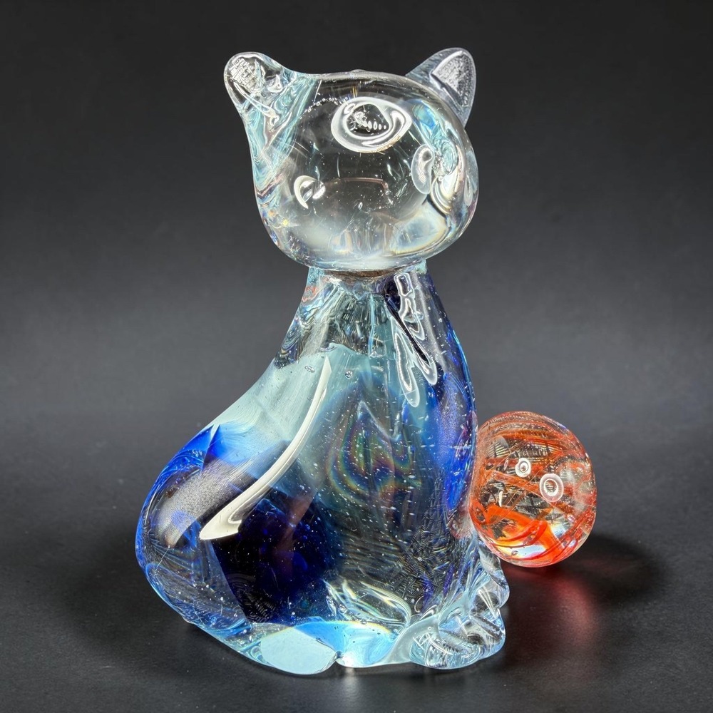 Art Glass Cat Figurine Blue Swirl Paperweight with Orange Ball 4.5 Inch Tall
